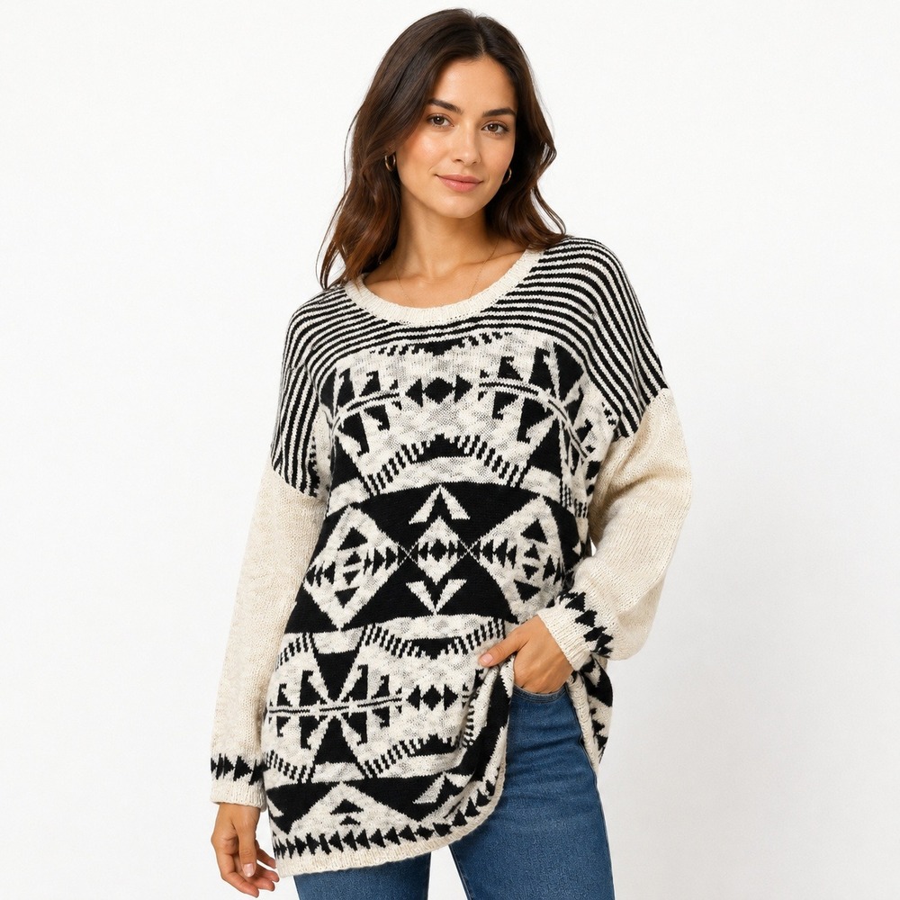 Forever 21 Aztec Sweater Oversized‎ Boho Knit Black Beige Pullover S